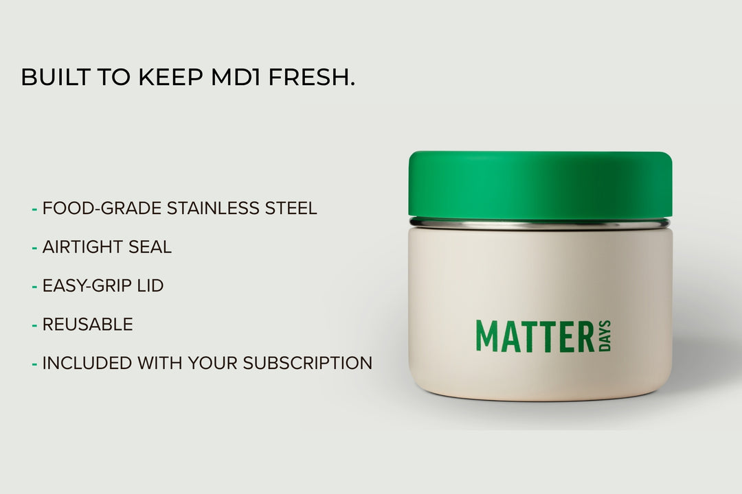 MD1 stainless steel canister with an airtight green lid
