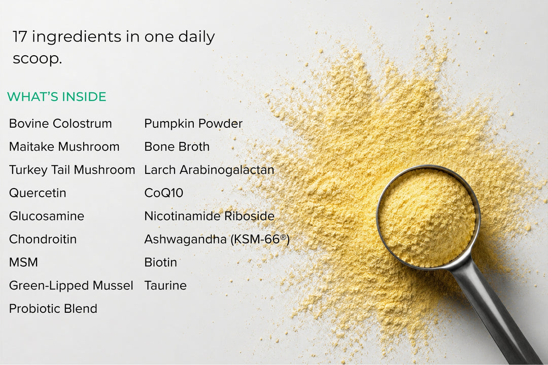 Measuring spoon of MD1 powder next to the list of its 17 ingredients